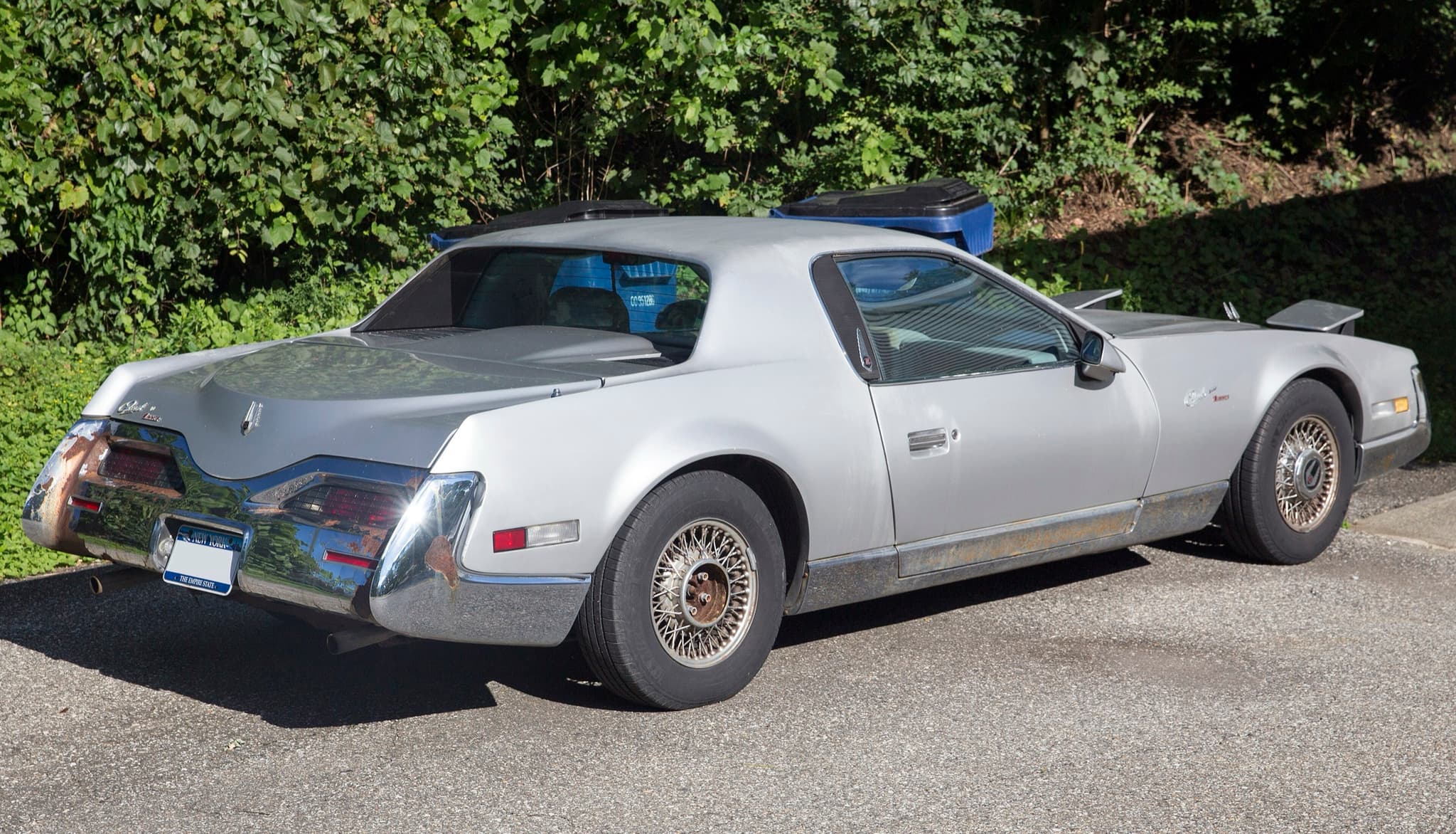 The long tail and chrome rear bumper of a silver QuickSilver seen from the rear three-quarter.